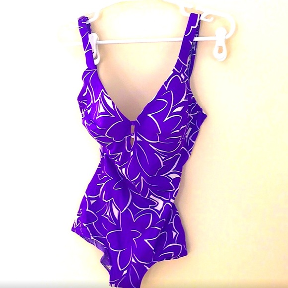 Vintage 70s Roxanne Pinup Purple Floral Romper One Piece Swimsuit - Picture 1 of 10